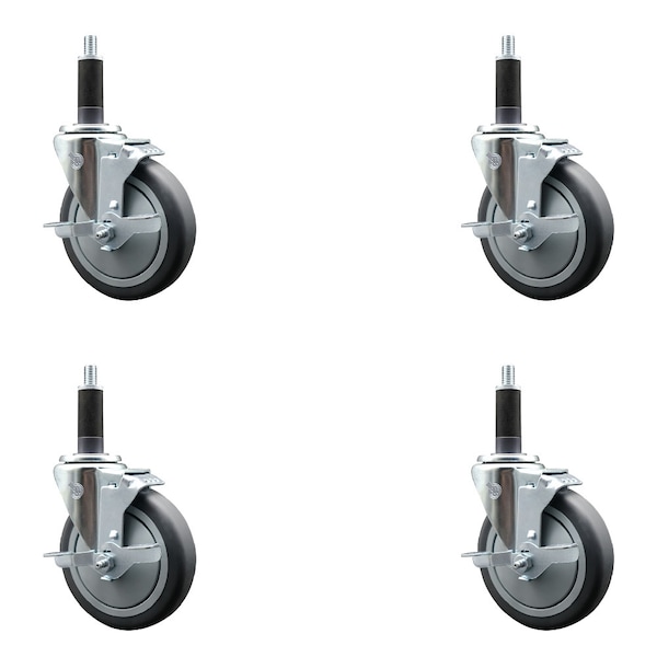 5'' Thermoplastic Rubber Swivel 1'' Expanding Stem Caster Set with Brake, 4PK